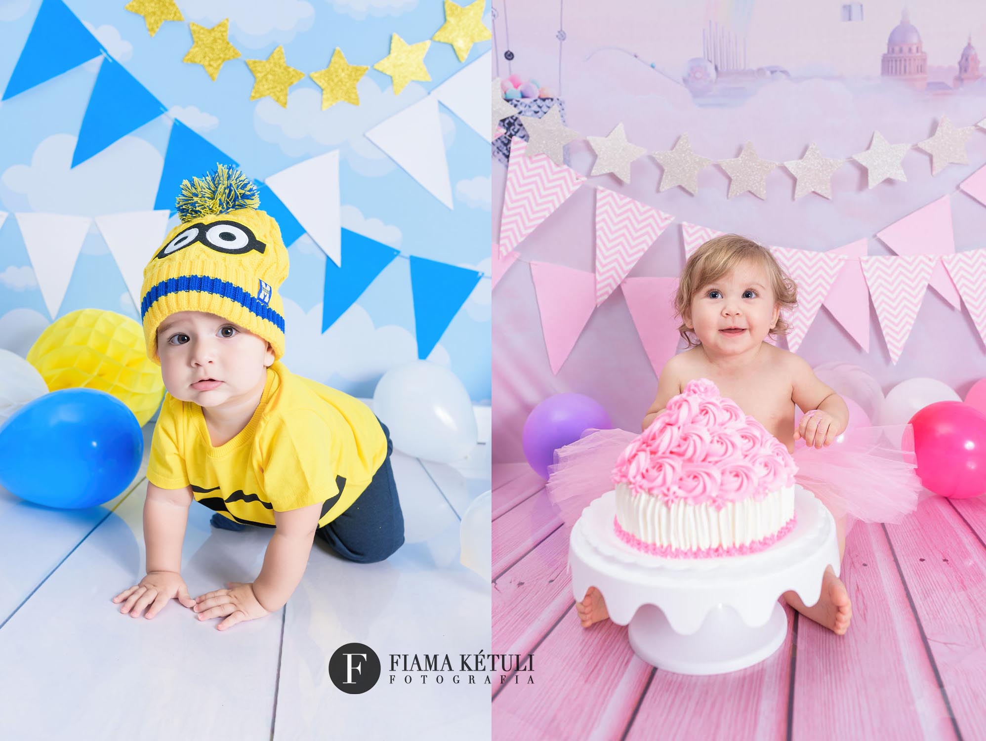 Smash The Cake de menino e menina minios e rosa em estudio fotografo brasilia DF