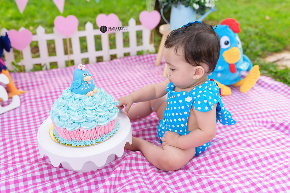 Ensaio com bolo para bebê de 1 ano com tema Galinha Pintadinha