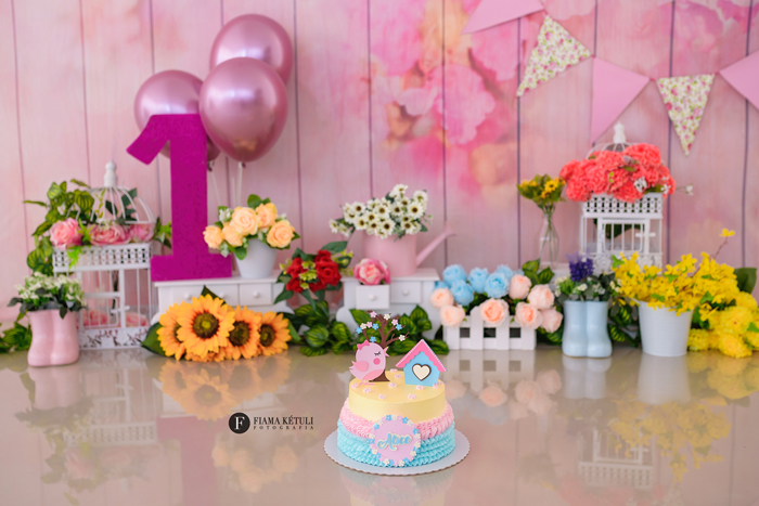 Fotógrafa para ensaio de bebê com bolo com cenário no tema Jardim Encantado